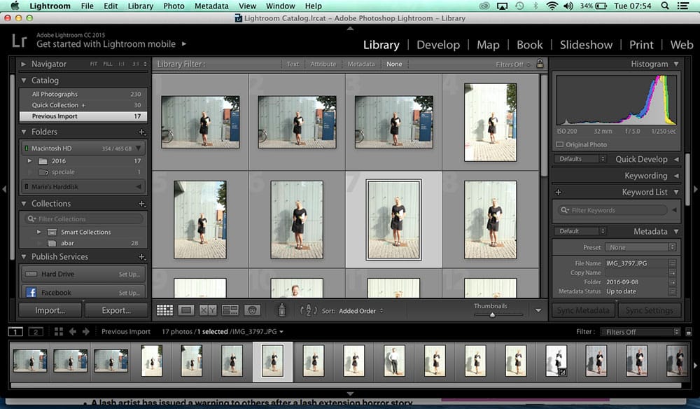 Adobe Lightroom med oversigt over mange billeder