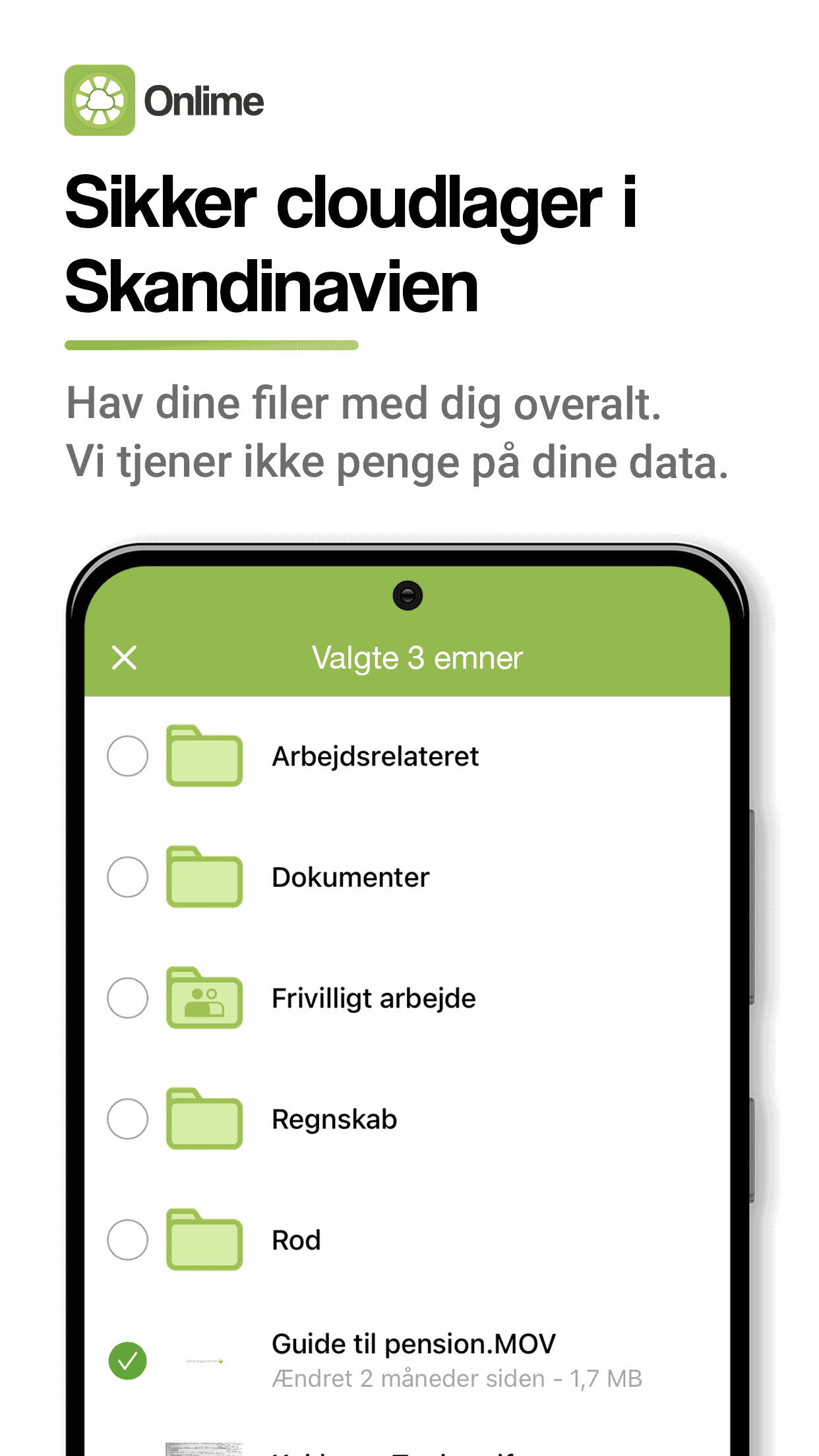 Eksempel på filer, der er lagret i Onlime backup og cloudlager.