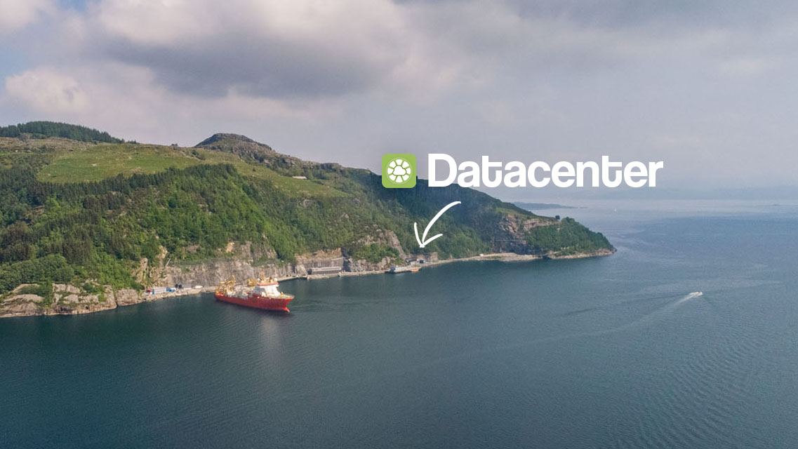 Datacenter nær Stavanger — luftfoto med markeret indgang til bunkeren