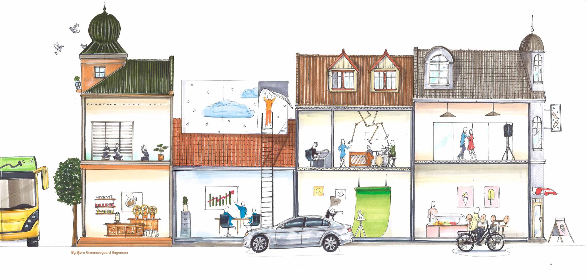 Håndtegnet cutaway af en husrække med danske virksomheder: kaffebar, kontor, musikstudie, fotostudie, dansestudie og isbutik