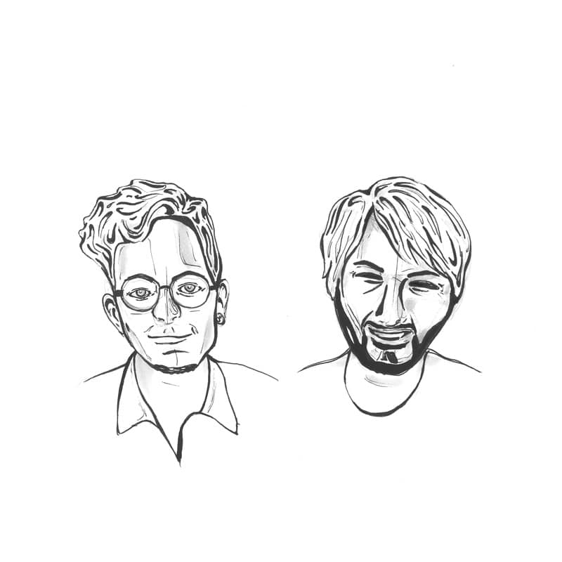 Håndtegnede portrætter i sort blæk af Onlimes to stiftere, Levi Rauff og Mathias Ditlev.