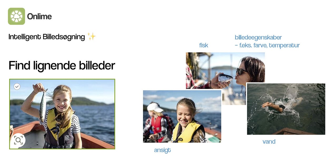 Demonstration of "Find similar photo" in Onlime, that shows similar photos of a girl holding a fish together with family by the sea.