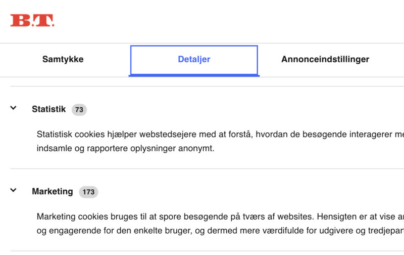 Skærmbillede af cookiesamtykke på bt.dk med over hundrede samarbejdspartnere