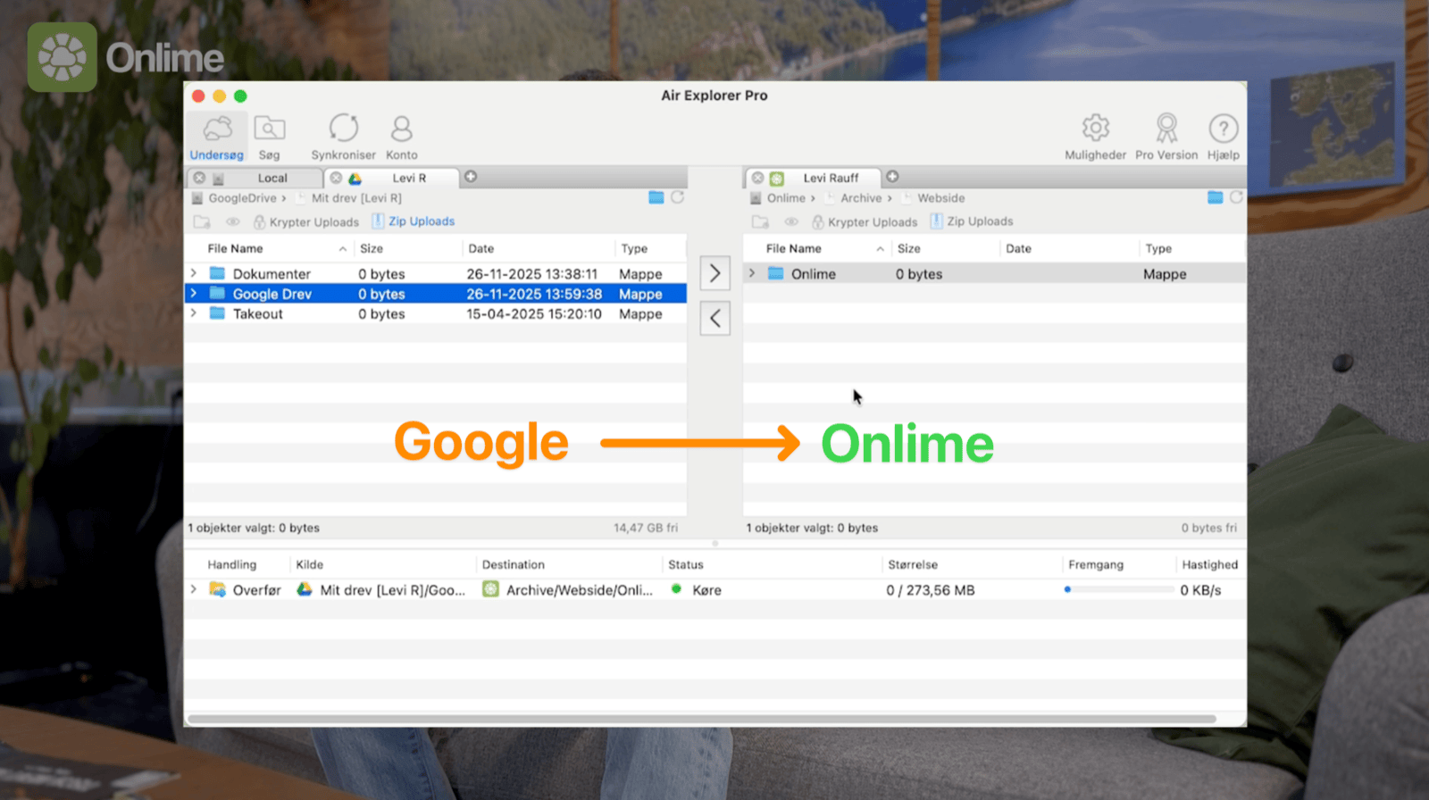 Screenshot showing the application AirExplorer to move files from Google Drive to Onlime.