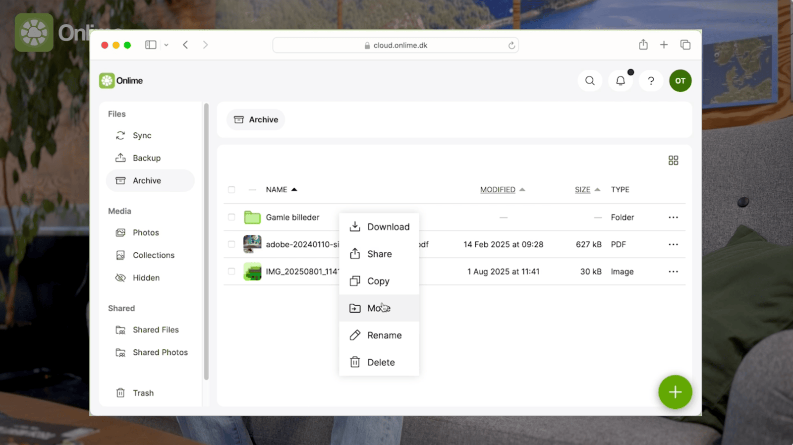 Screenshot showing the Onlime web page in the archive section that allows file storage exclusively in the cloud.