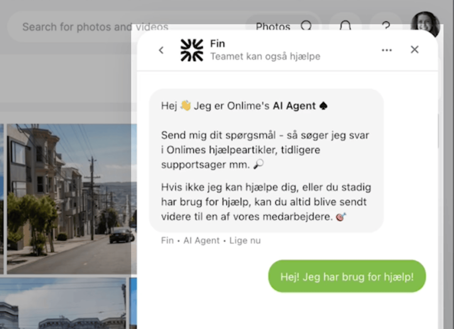 Screenshot showing the messaging help widget on the Onlime cloud storage web page.