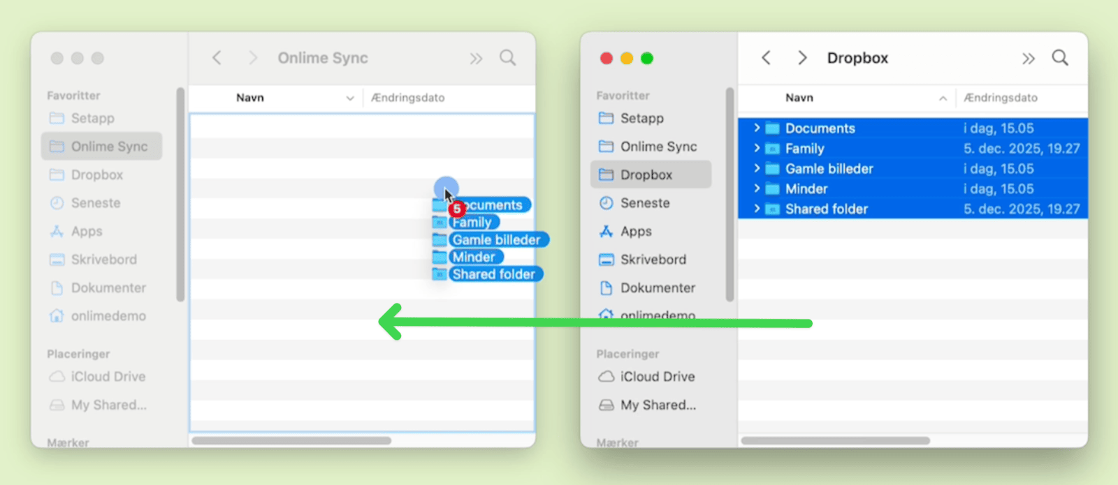 A screenshot showing a user moving files from a Dropbox folder to Onlime Sync on a computer.
