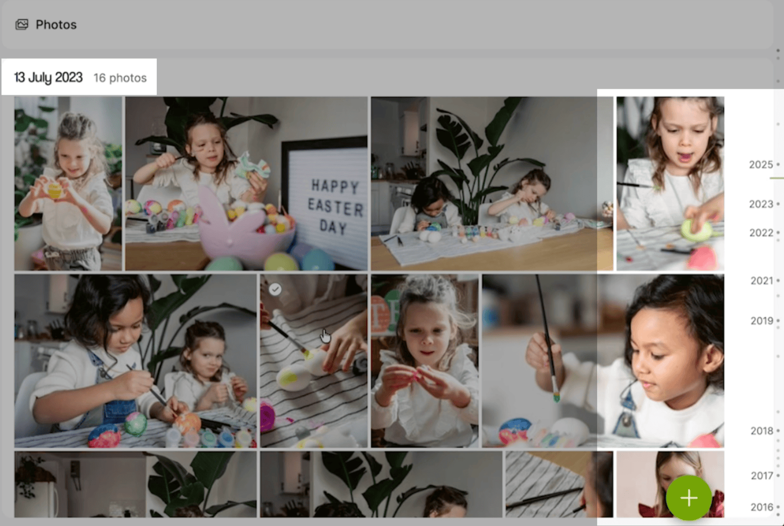 Screenshot of the Onlime media section showing uploaded photos and videos in a chronological timeline.
