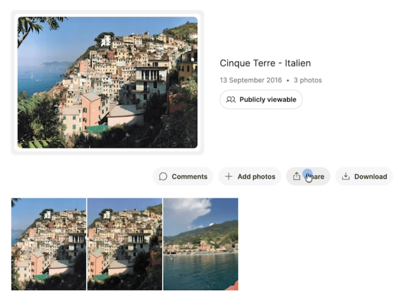 Screenshot of the Onlime album feature, allowing the collection of multiple photos and videos for easy sharing and organization.